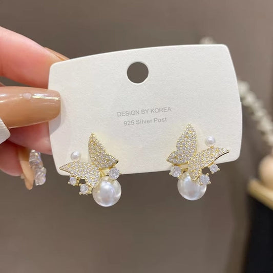 Butterfly Motif Pearl Stud Earrings